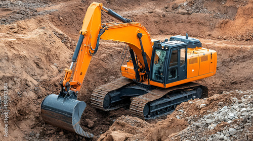 Orange Excavator Digging in Brown Dirt at a Construction Site