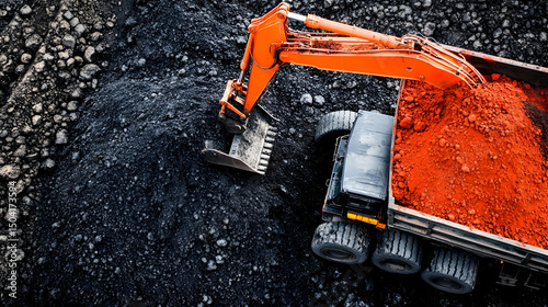 Orange Excavator Loading Red Gravel into a Black Dumper Truck