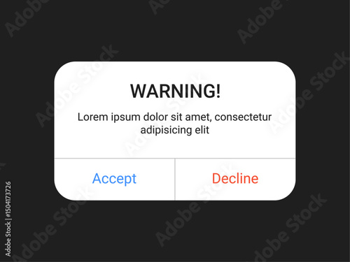 Warning pop up UI design with accept and decline buttons on a dark background for mobile app and web alert interface in a minimal modern style