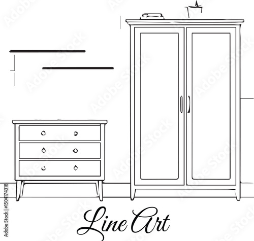 Line Art Bedroom Furniture Set Illustration, Line art illustration of a bedroom furniture set with a wardrobe and dresser