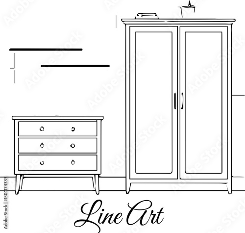 Line Art Bedroom Furniture Set Illustration, Line art illustration of a bedroom furniture set with a wardrobe and dresser