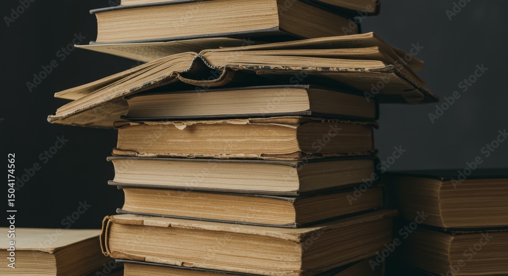 Obraz premium Vintage Books Stacked High - A collection of aged books, symbolizing knowledge, history, wisdom, stories, and time. These vintage tomes evoke a sense of nostalgia and intellectual pursuit