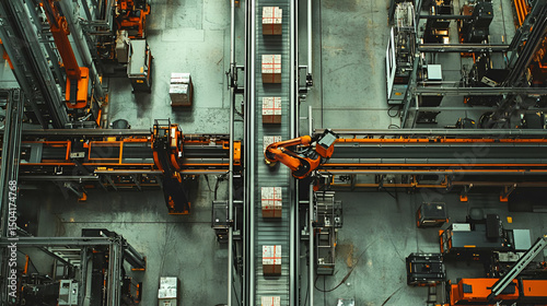 Overhead View of Automated Factory with Orange Robotic Arms and Conveyor Belts