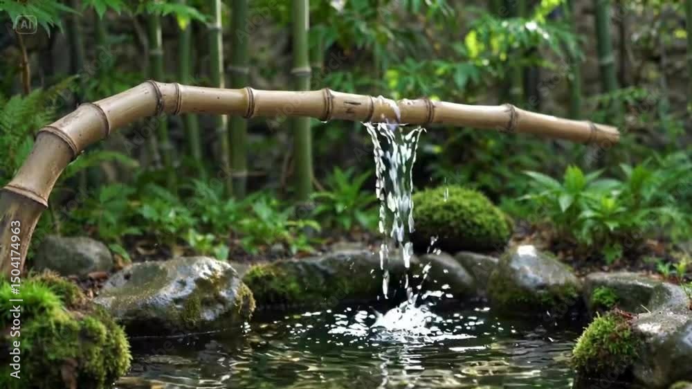 Bamboo Water Fountain in a Japanese Garden Bamboo Water Fountain in a Japanese Garden