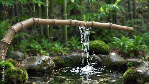 Bamboo Water Fountain in a Japanese Garden