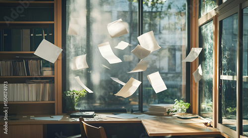 Papers Flying in Sunlit Office Workspace