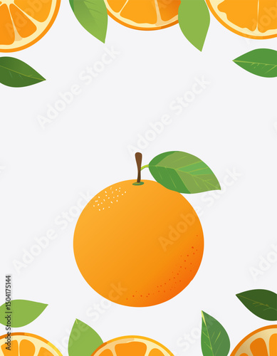 Digital illustration of an orange with soft gradients, subtle textures and clean edges, two fresh green leaves add contrast, arranged with ample copy space for modern design use.