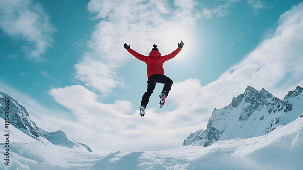 Person in Red Jacket Jumping in Snowy Mountains Under Blue Sky Person in Red Jacket Jumping in Snowy Mountains Under Blue Sky