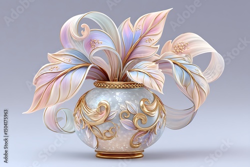 Modern floral artwork featuring pastel gradient swirls in transparent vase high resolution photo