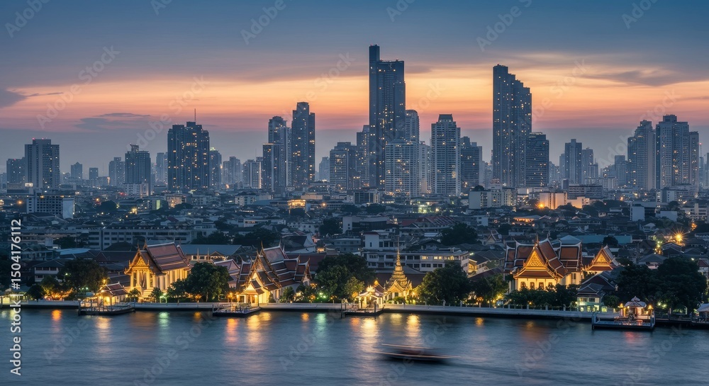 Fototapeta premium Bangkok Skyline at Sunset - Stunning cityscape view of Bangkok at sunset, showcasing modern skyscrapers and traditional temples along the river