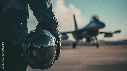 Pilot Holding Helmet with Fighter Jet in Background