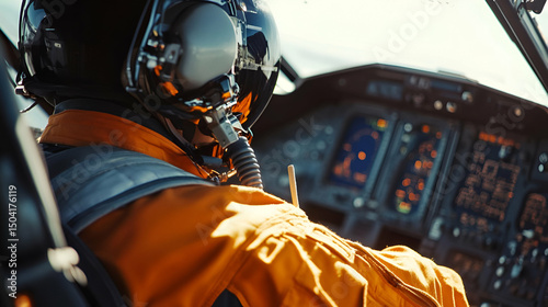 Pilot in Orange Flight Suit Operating Helicopter Cockpit