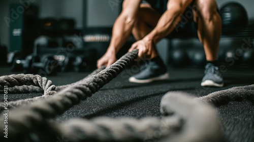 Intense Workout Session with Battle Ropes and Focused Athlete