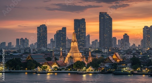 Bangkok Skyline Sunset with Temple - Stunning sunset view of Bangkok's skyline, featuring a prominent temple illuminated against the vibrant sky