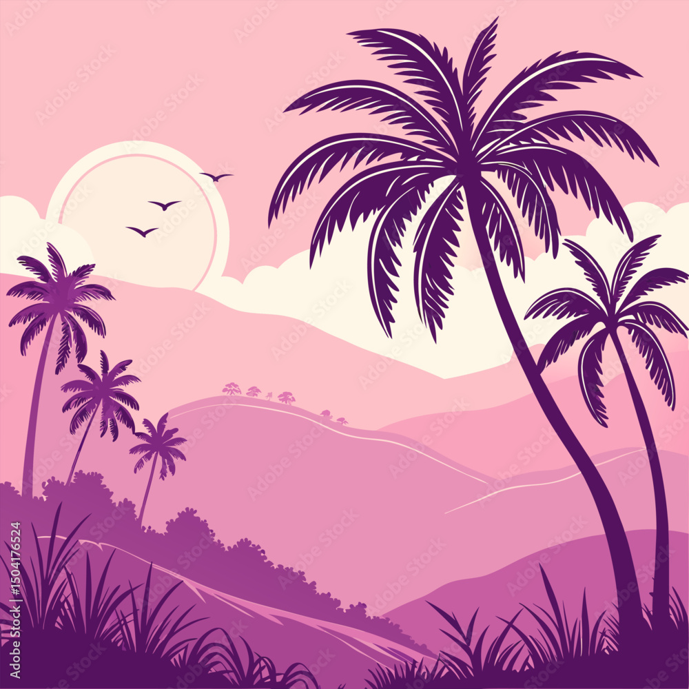 Naklejka premium Tropical island beach with palm trees and sunset by the sea