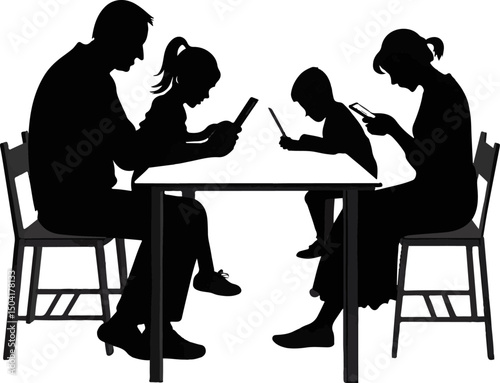 Family Silhouettes Engaged with Mobile Phones at Table