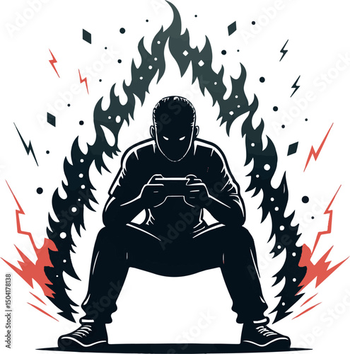 Intense Gamer Silhouette with Fiery Aura Vector