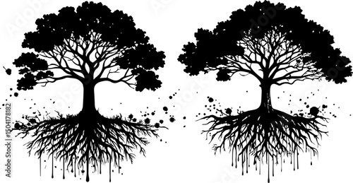 Grunge Silhouette Trees with Exposed Roots - Nature and Foundation Concept