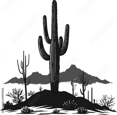 Desert Landscape with Saguaro Cactus Silhouette Vector