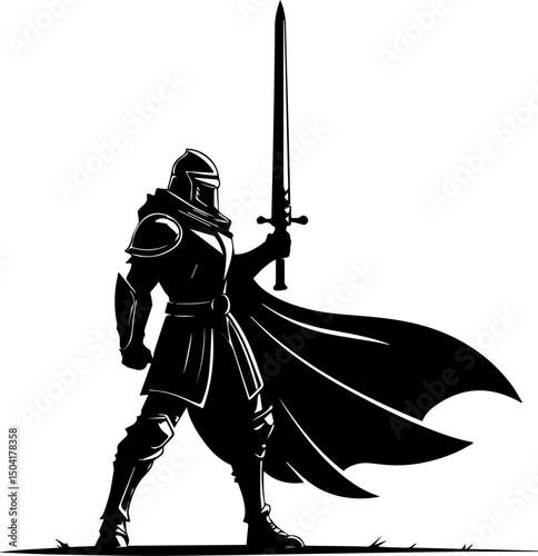Medieval Knight Warrior Silhouette with Sword and Cape Vector