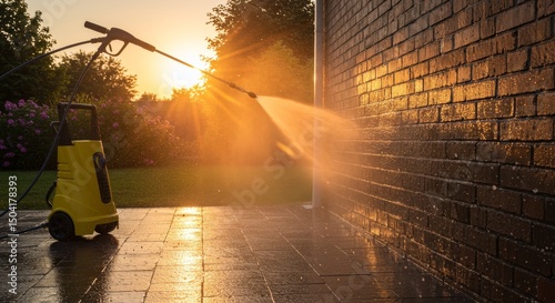 Golden Hour Pressure Washing: A Sparkling Clean - Sunset pressure washing, cleaning brick, outdoor power washing, radiant sunlight, gleaming surface