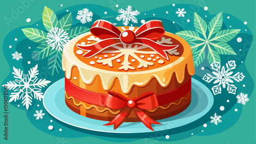 A festive Christmas cake adorned with intricate white icing snowflakes and a vibrant red ribbon bow, perfect for holiday celebrations. Its elegant design radiates joy and seasonal charm.