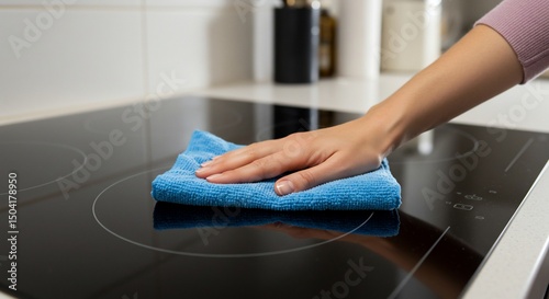 Woman cleaning induction hob with blue cloth in kitchen for cleanliness ads
