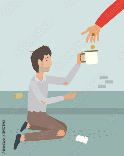 Helping Man provide some money to a poor man. Cartoon Vector Illustration.    