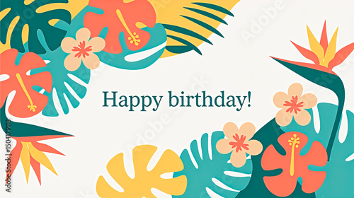 Creative concept of card happy birthday abstract tropical leaves and flowers. Modern minimalist art style with vibrant colors. Design templates suitable for celebration, advertising, branding