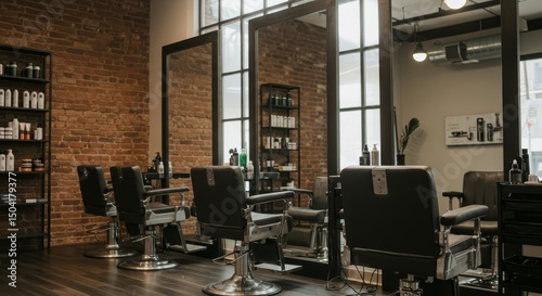 Modern Barbershop Interior Design - Stylish barbershop interior with brick walls, large windows, and modern barber chairs