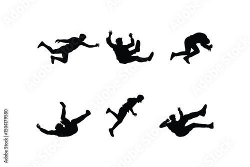 Dynamic Silhouette Set of Men and Women Falling Floating and Flying Through the Air Depicting Gravity Defying Poses and Motion for Sky and Movement Themed Designs