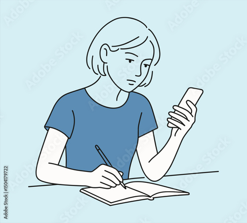 Young woman multitasking studying and using smartphone, blue shirt, minimalist line art on light blue background