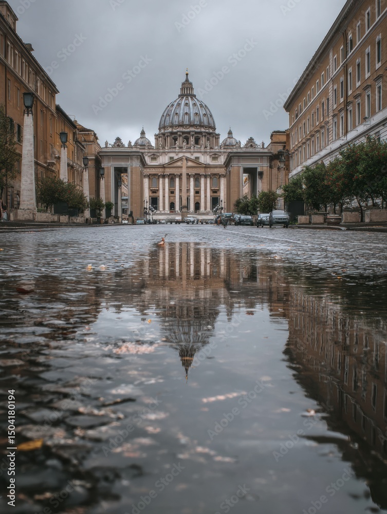 Fototapeta premium Vatican Dome Reflects on Rain-Soaked Pavement Under a Cloudy Sky in a Tranquil Setting