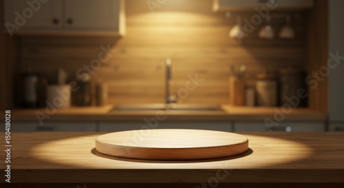 Empty round wood podium on kitchen counter for food product display