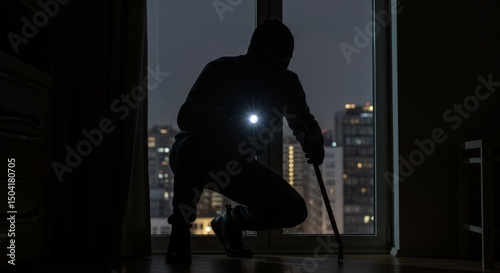 Nighttime Burglary: Thief with Flashlight and Crowbar - A silhouette of a thief breaking into an apartment at night, symbolizing crime, vulnerability, fear, darkness, and danger