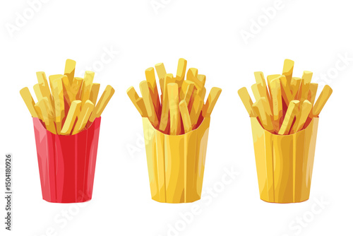 French fries or fried potatoes in a red carton box isolated on white background with full depth of field