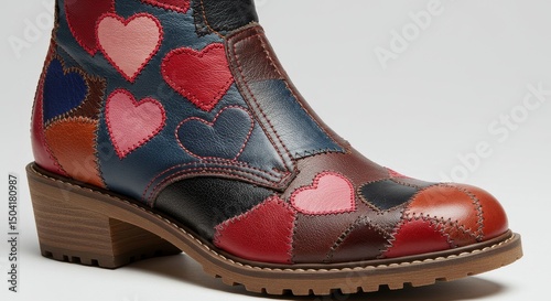 Patchwork Heart Boots: Unique Handmade Design - Stylish patchwork boots, adorned with colorful hearts, represent love, craftsmanship, individuality, , and artistry photo