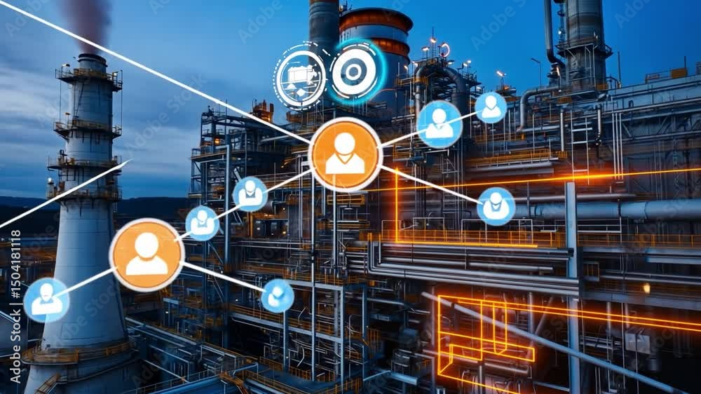Industrial plant with network of connections, with user icons. The image represents the technological aspect of industry, highlighting connectivity and the importance of data.