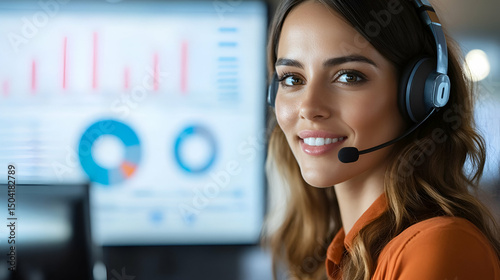 Smiling Customer Service Representative Wearing Headset in Office