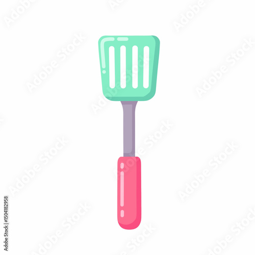 A green and pink slotted spatula for cooking in the kitchen