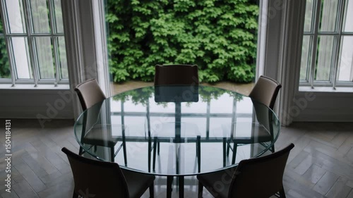 Glass dining table with modern chairs facing large window and lush green foliage

