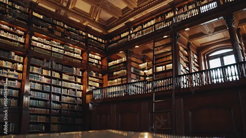 Grand historic library with wooden shelves, balcony, and warm ambient lighting

