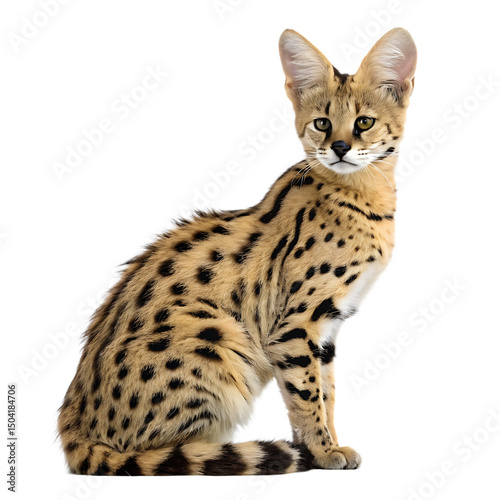 Elegant serval wild cat sitting patiently now isolated on a transparent background