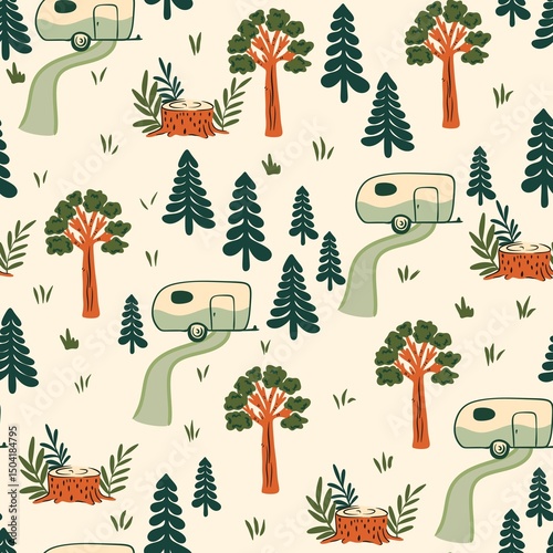 pattern design with caravan and trees
