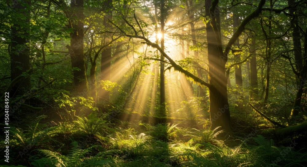 Obraz premium Sunbeams Illuminating a Forest - Sunlight filtering through dense forest canopy, creating magical light and shadow patterns. Symbolizing nature, serenity, hope, renewal, and mystery