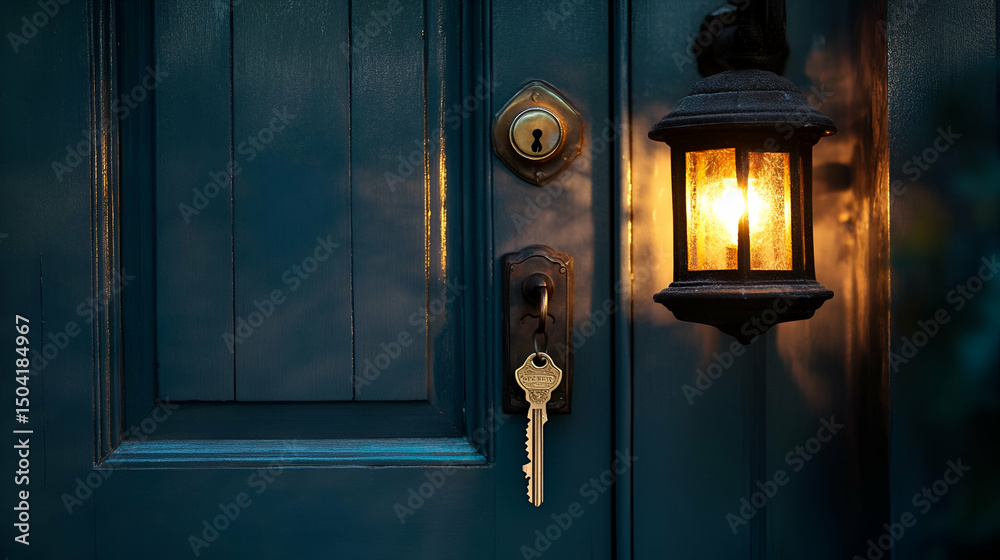 Obraz premium Teal Door with Golden Key and Illuminated Lantern at Night