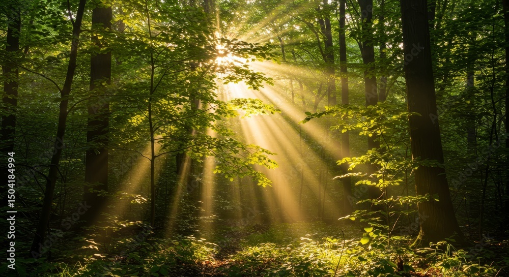 Obraz premium Sunbeams in the Forest - Golden sun rays pierce through the leaves of a lush green forest, creating a magical, serene atmosphere