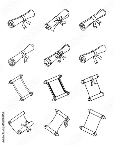 Set of Rolled Certificate Scroll Line Art Illustrations photo