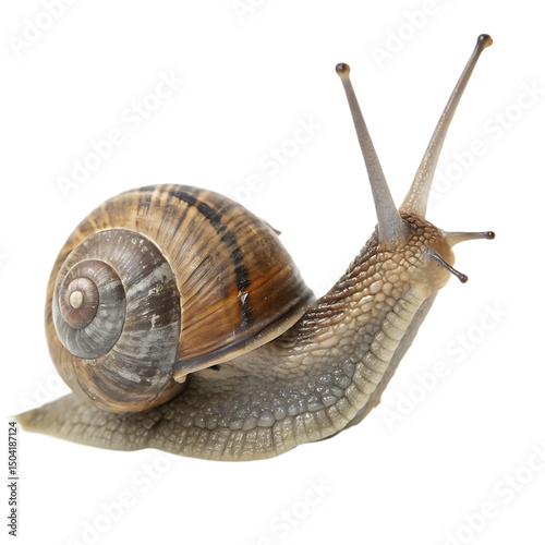 Brown shelled snail showing its long feeler antennae isolated on a transparent background photo