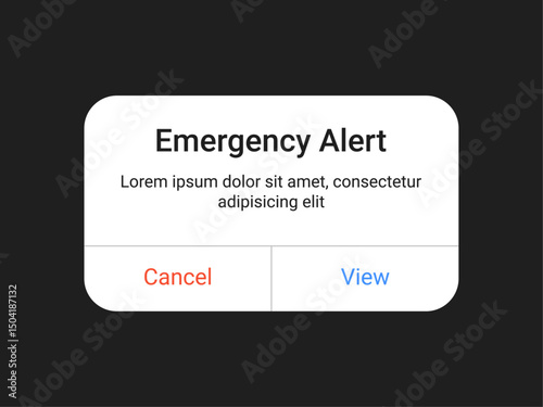 Emergency alert pop up UI design with cancel and view buttons on dark background for mobile app and web interface in minimal modern style